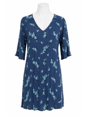 Size L Renee C Women’s Blue Floral Embroidered Keyhole Shift‎ Dress Made in USA